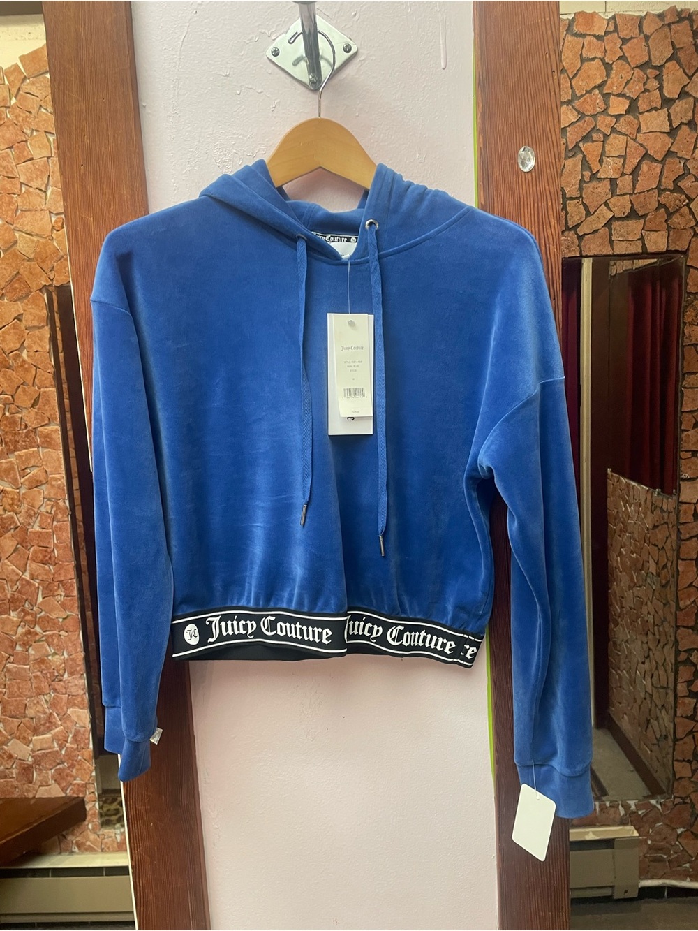 Juicy Couture Royal Blue Velour Cropped Hoodie with Logo Hem
